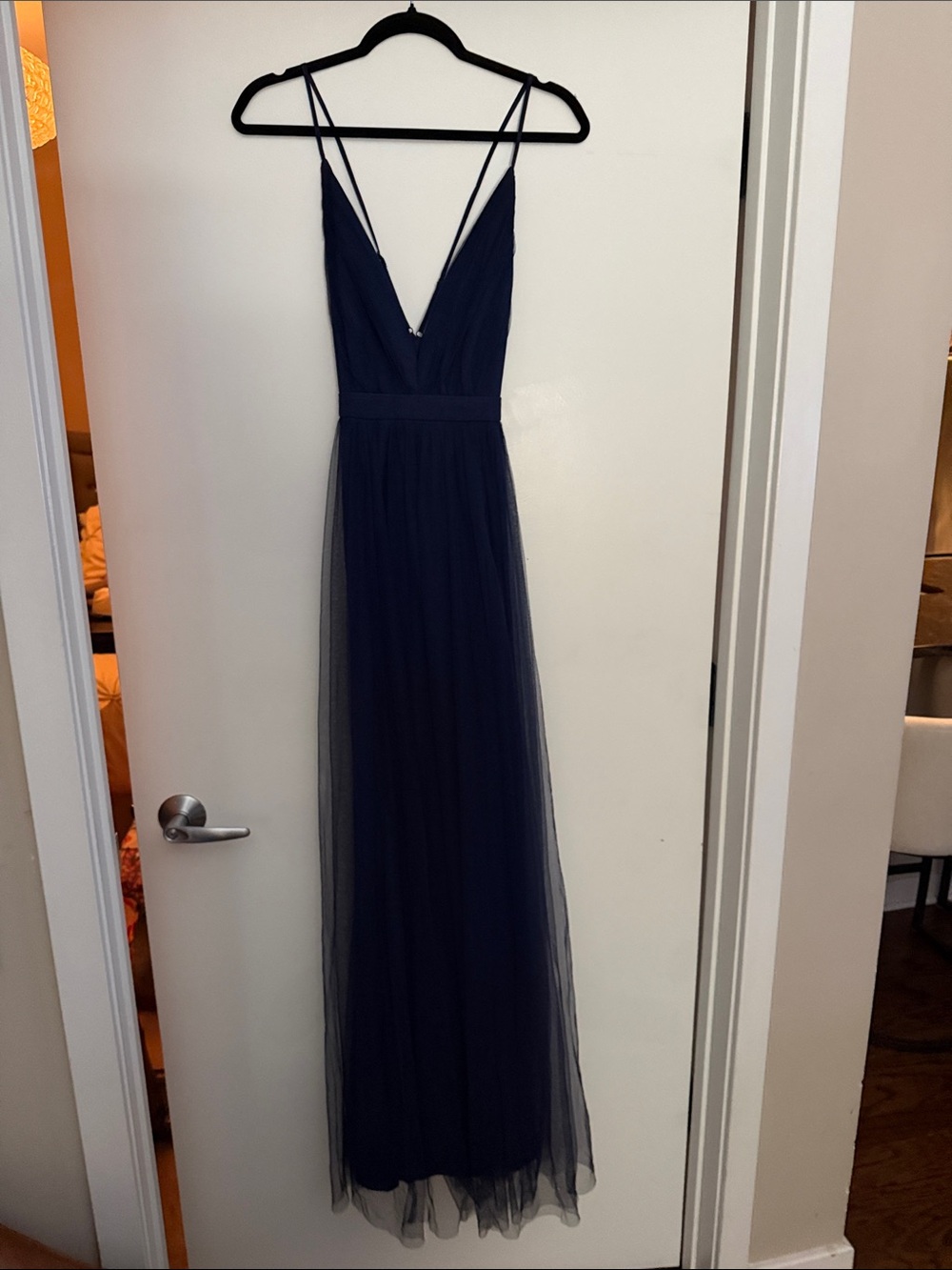 Lulu's Navy V-Neck Tulle Maxi Dress with Double Spaghetti Straps